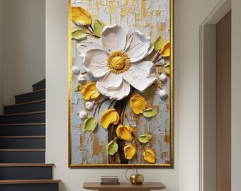 白と黄色の花のキャンバス絵画 - モダンなインテリアにぴったりの