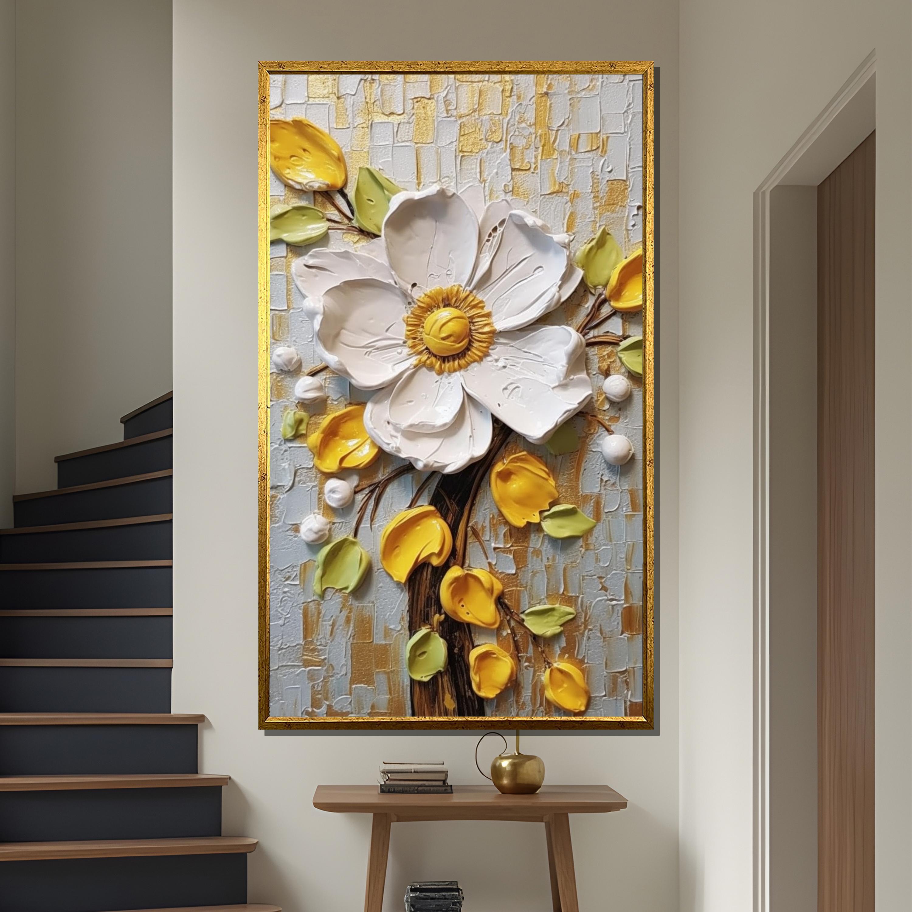 白と黄色の花のキャンバス絵画 - モダンなインテリアにぴったりの