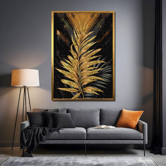 Nordic Wall Art Quadro Tela Foglia Palma Oro Stile Botanico Scandinavo 60x80cm (24x31in) Set 3 Pezzi Senza Cornice