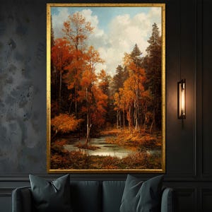Autumn Forest Canvas Painting with Tranquil Pond - Nature Wall Art, Perfect Gift for Nature Lovers and Woodland Enthusiasts