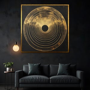Golden Circular Line Canvas Painting, Minimalist Abstract Wall Art on Black Background, Elegant Modern Gift Idea