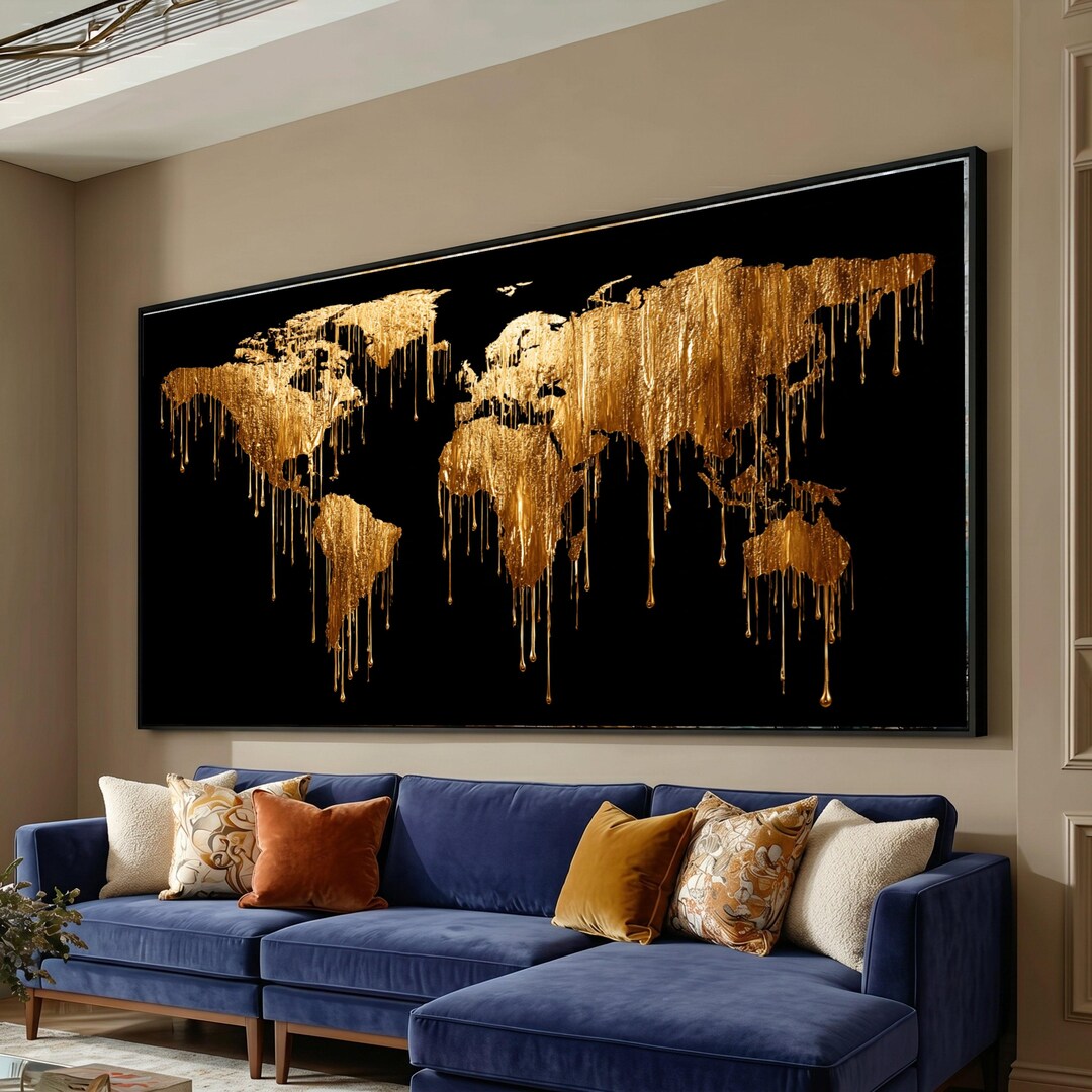 World Dripping Design Dripping Gold World Map Canvas, Abstract Metallic Globe Wall Art - Etsy