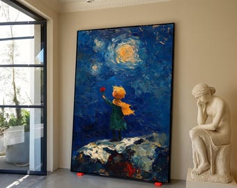 Starry Night Canvas, Little Prince Holding Rose, Whimsical Child Wall Art, Van Gogh Style Painting, Dreamy Bedroom Decor
