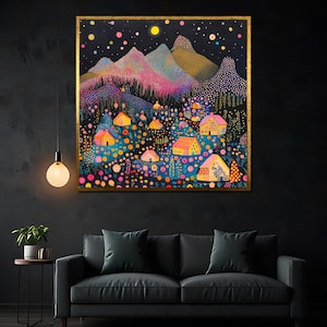 Buntes Tupfen-Dorf Segeltuchanstrich, Wunderliche Bergnacht Landschafts-Wand-Kunst, lebendiges Fantasie-Landschaftsplakat, verträumtes Sternenhimmel-Dekor