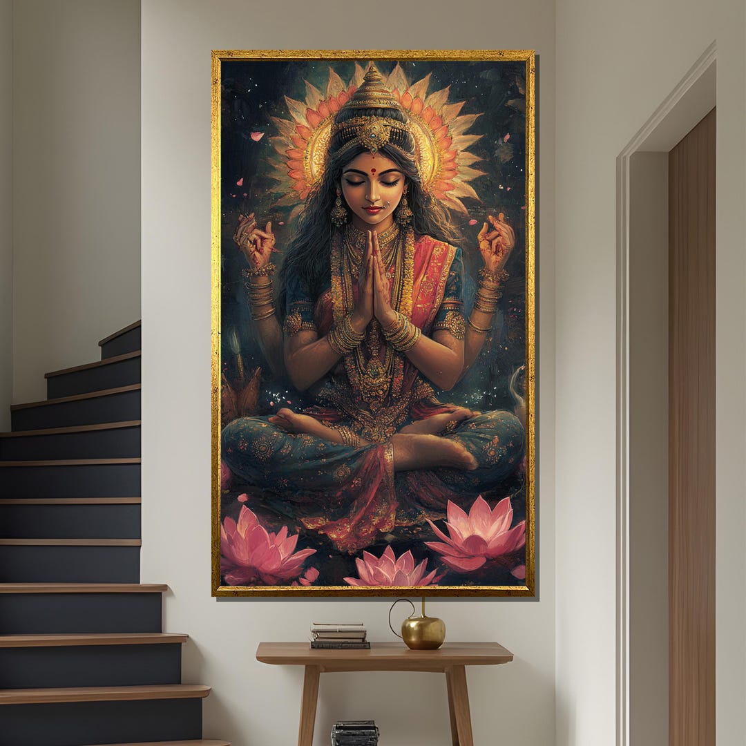 希少、ヒンドゥー教、ラクシュミー、インドの女神、キャンバスアート、裏面フック付き ヒンドゥー教の女神ラクシュミのキャンバス画、スピリチュアルな壁
