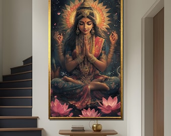 Hindu Goddess Lakshmi Canvas Painting, Spiritual Wall Art, Indian Mythology Decor, Divine Artwork, Lotus Flower Gift