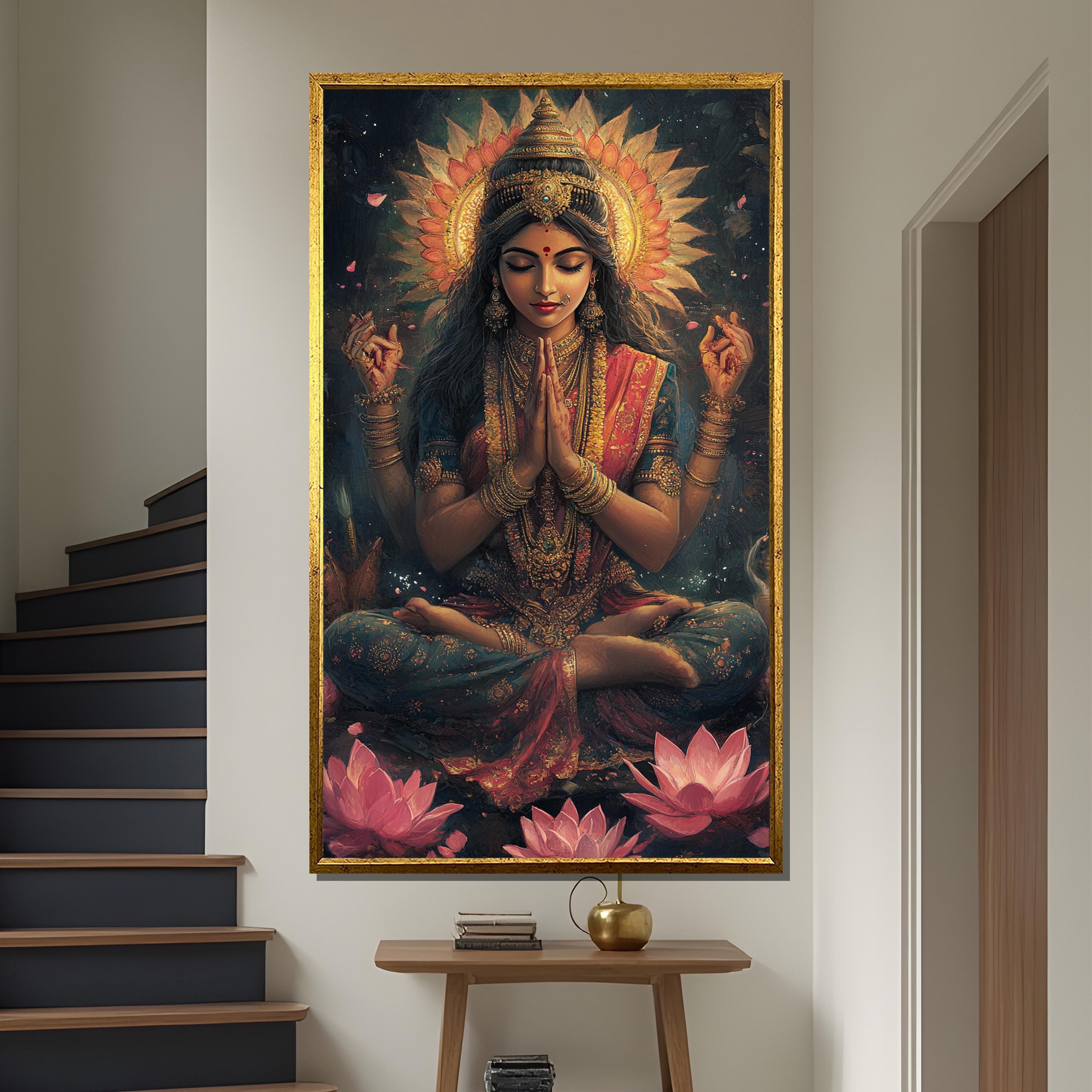 ヒンドゥー教の女神ラクシュミのキャンバス画、スピリチュアルな壁