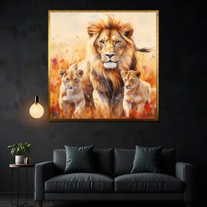 Majestic Lion Family Canvas Painting, Wildlife Safari Art, Perfect Gift for Animal Lovers, Vibrant Wall Decor for Home and Office
