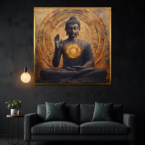 Sacred Buddha Canvas Painting with Golden Chakra Energy, Spiritual Zen Wall Art, Meditation Room Gift for Peace