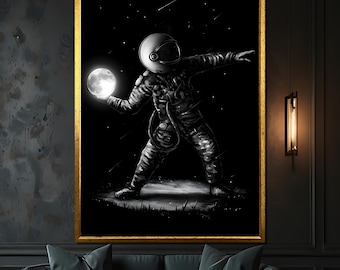 Astronaut Moon Canvas Painting - Surreal Space Art Gift, Unique Outer Space Decor, Celestial Wall Art for Astronomy Enthusiasts