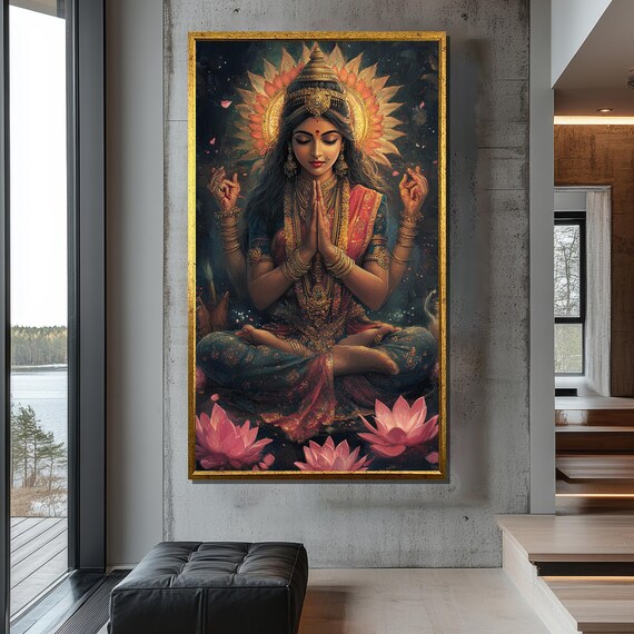 ヒンドゥー教の女神ラクシュミのキャンバス画、スピリチュアルな壁