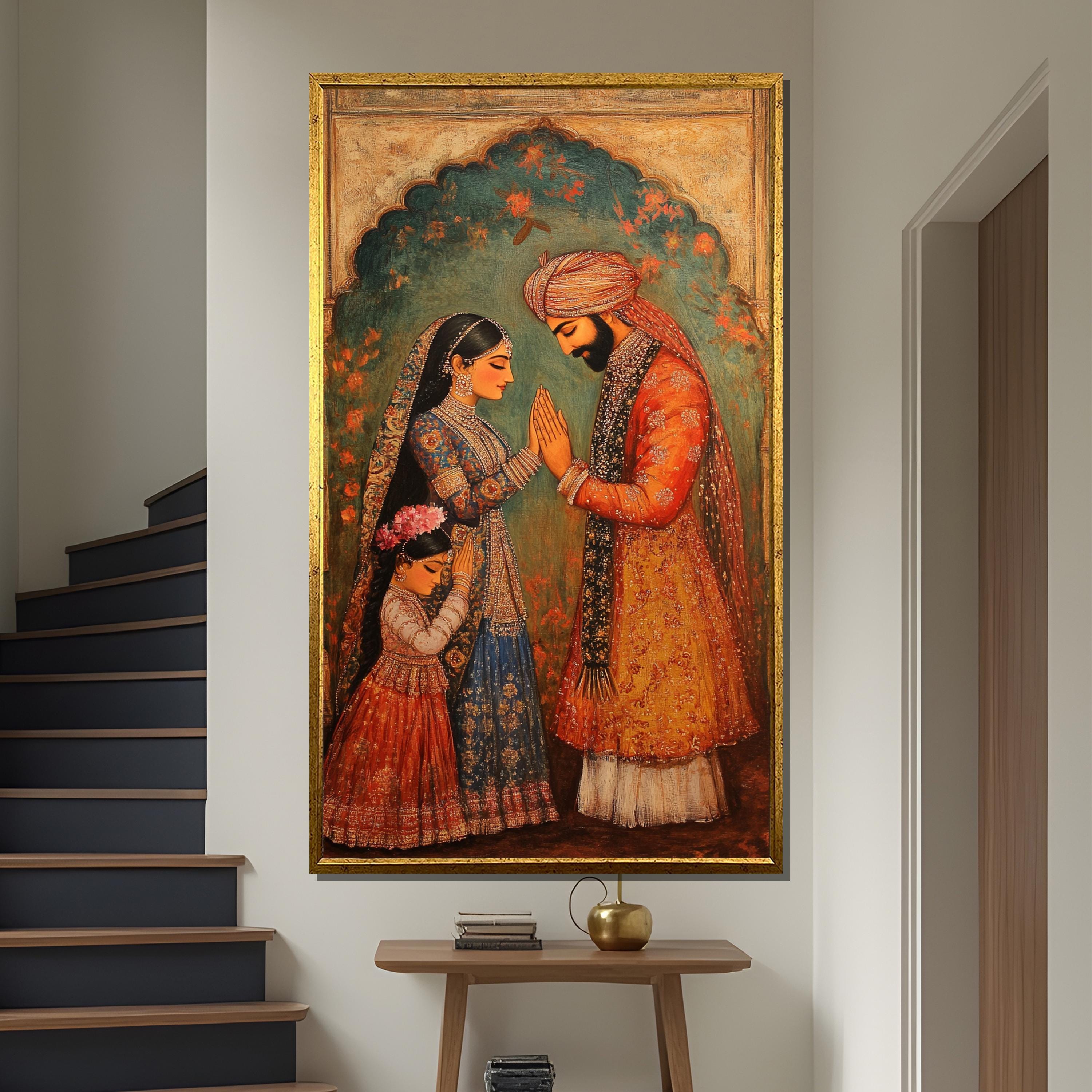 Traditional Mughal Style Family Canvas Painting – Indian Heritage Art – Cultural Wall Decor , Unique Gift