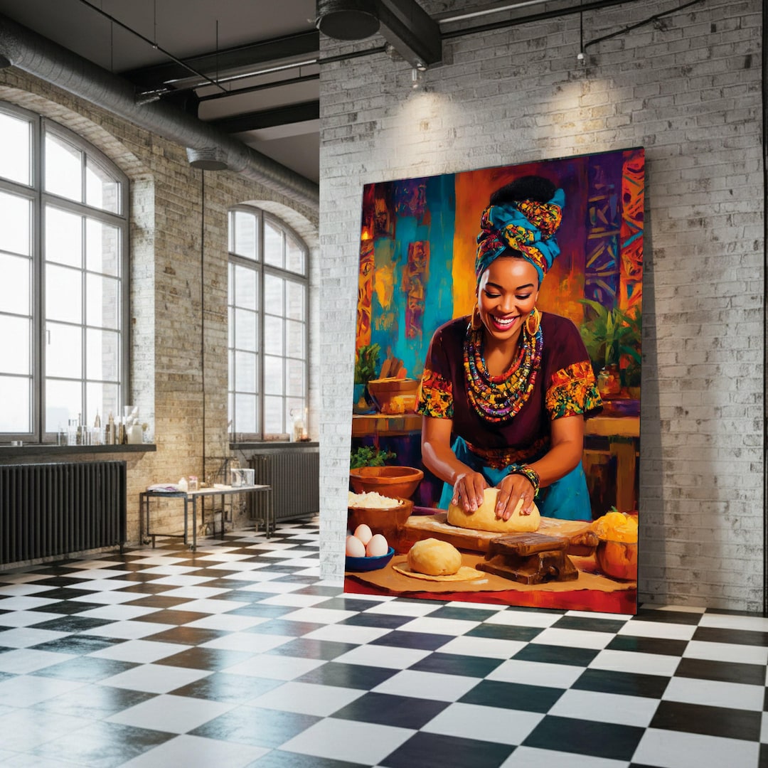 Vibrant African Woman Baking Bread, Colorful Kitchen Canvas Wall Art ...