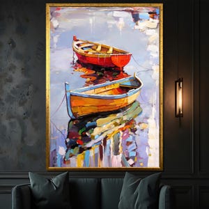 May include: A painting depicting two boats on a body of water. The boats are painted in vibrant colours, one being red and the other yellow and blue. The water is painted in various shades of blue and green, with a reflection of the boats visible in the water.