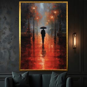 Man Walking in Rain Canvas Painting - Moody Urban Street Scene with Umbrella, Autumn Night Lights Reflection, Perfect Gift for Art Lovers