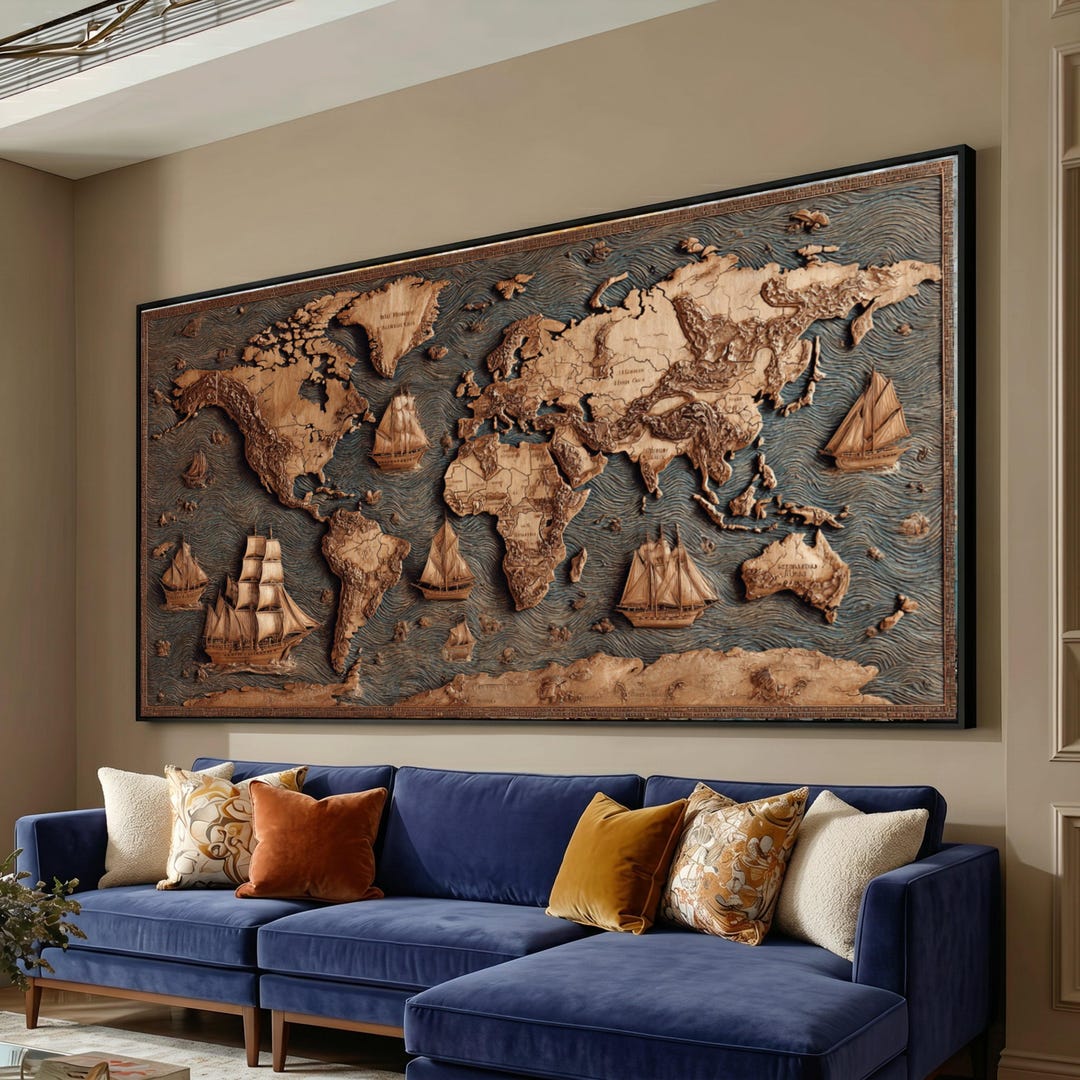 Vintage World Map Canvas Wall Art, Nautical Ships Design, Antique Style ...