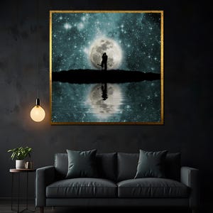 Moonlit Lovers Silhouette Canvas Painting - Romantic Starry Night Sky Wall Art, Perfect Gift for Couples, Anniversary, or Valentine&#39;s Day