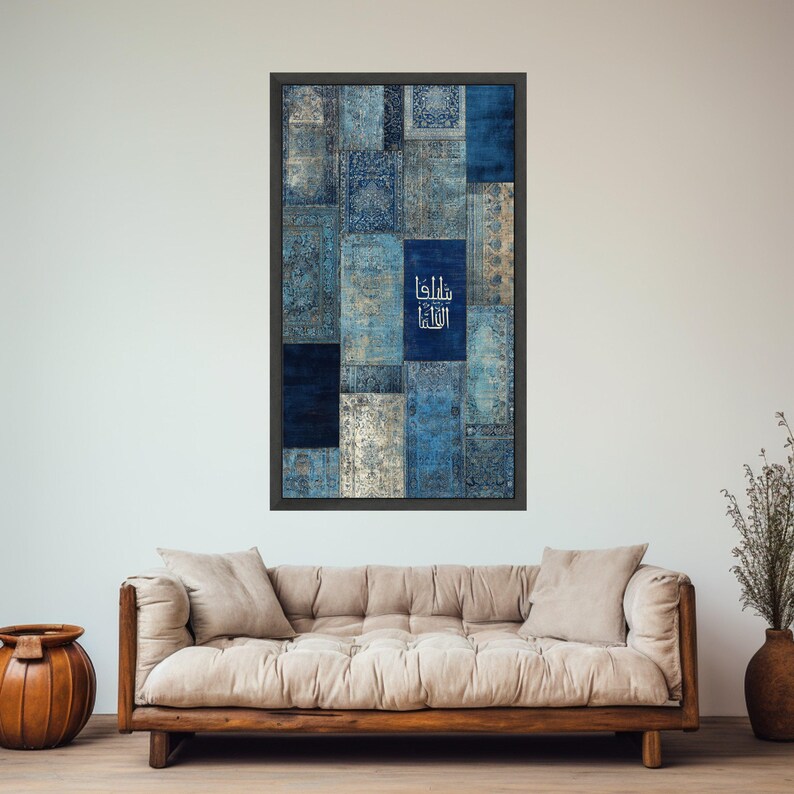 Antique Blue Patchwork Canvas, Persian Rug Pattern Wall Art, Vintage ...