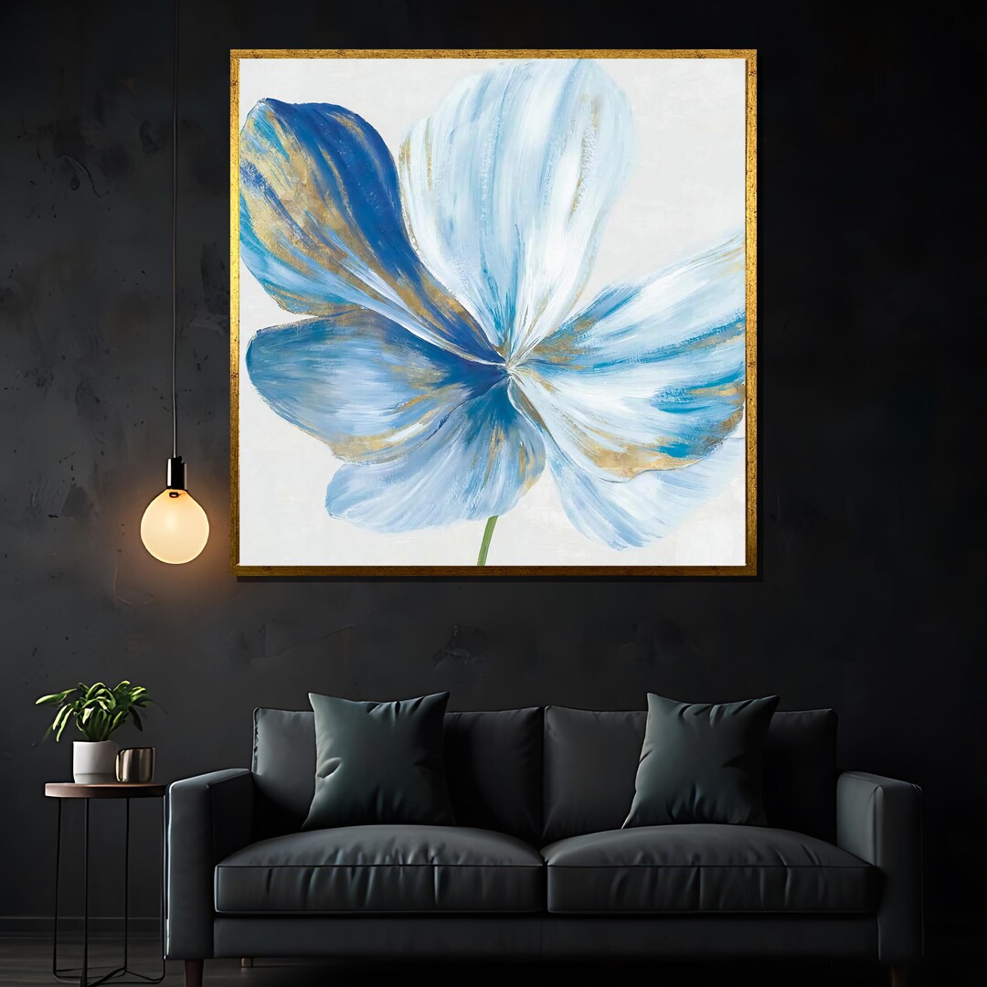 Blue and Gold Flower Petal Art – Elegant and Minimalist Canvas Painting ...
