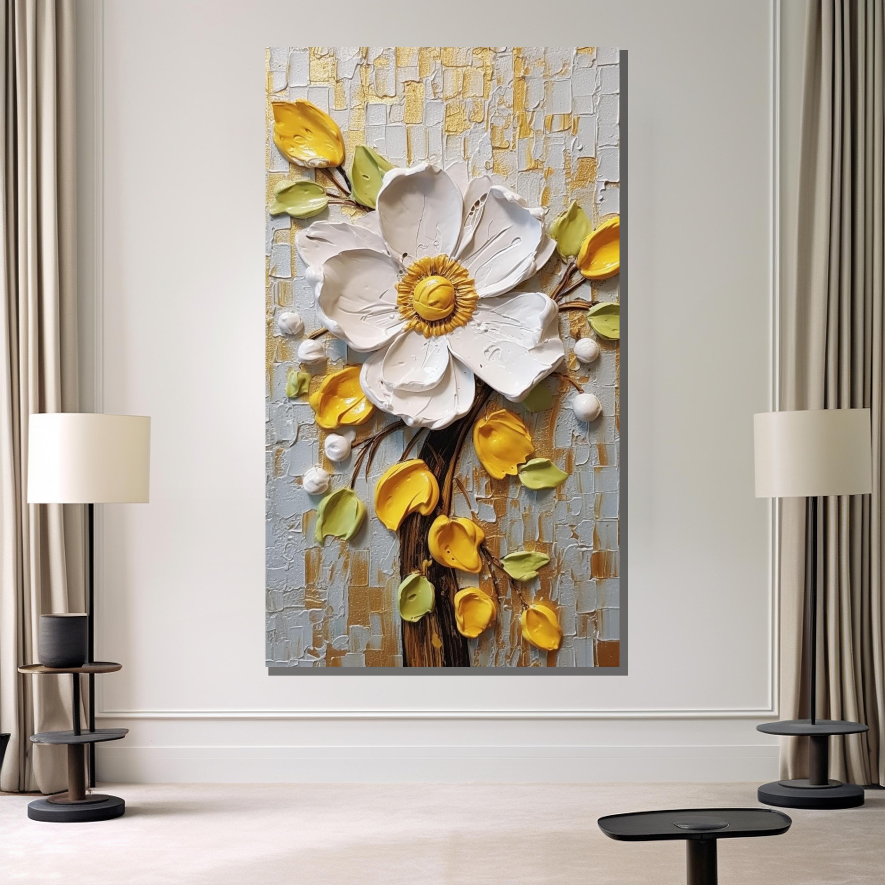 白と黄色の花のキャンバス絵画 - モダンなインテリアにぴったりの