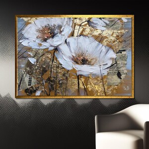 Modern White Flowers Canvas Painting – Elegant Floral Wall Art Gift, Gold and Nature-Inspired Decor