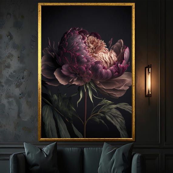 Dark Floral Canvas Painting – Elegant Peony Flower Wall Art Gift, Moody Nature-Inspired Decor for Modern Homes