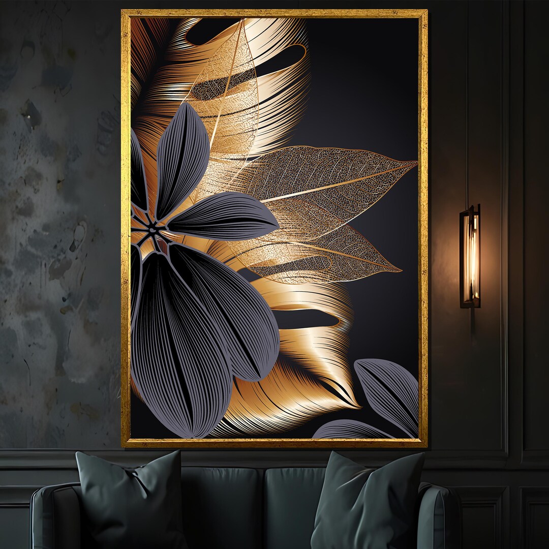 Luxury Black and Gold Leaf Canvas Painting – Elegant Floral Wall Art ...