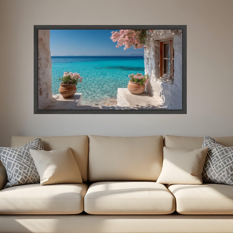 Mediterranean Seaside View Canvas, Turquoise Ocean Wall Art, Rustic ...