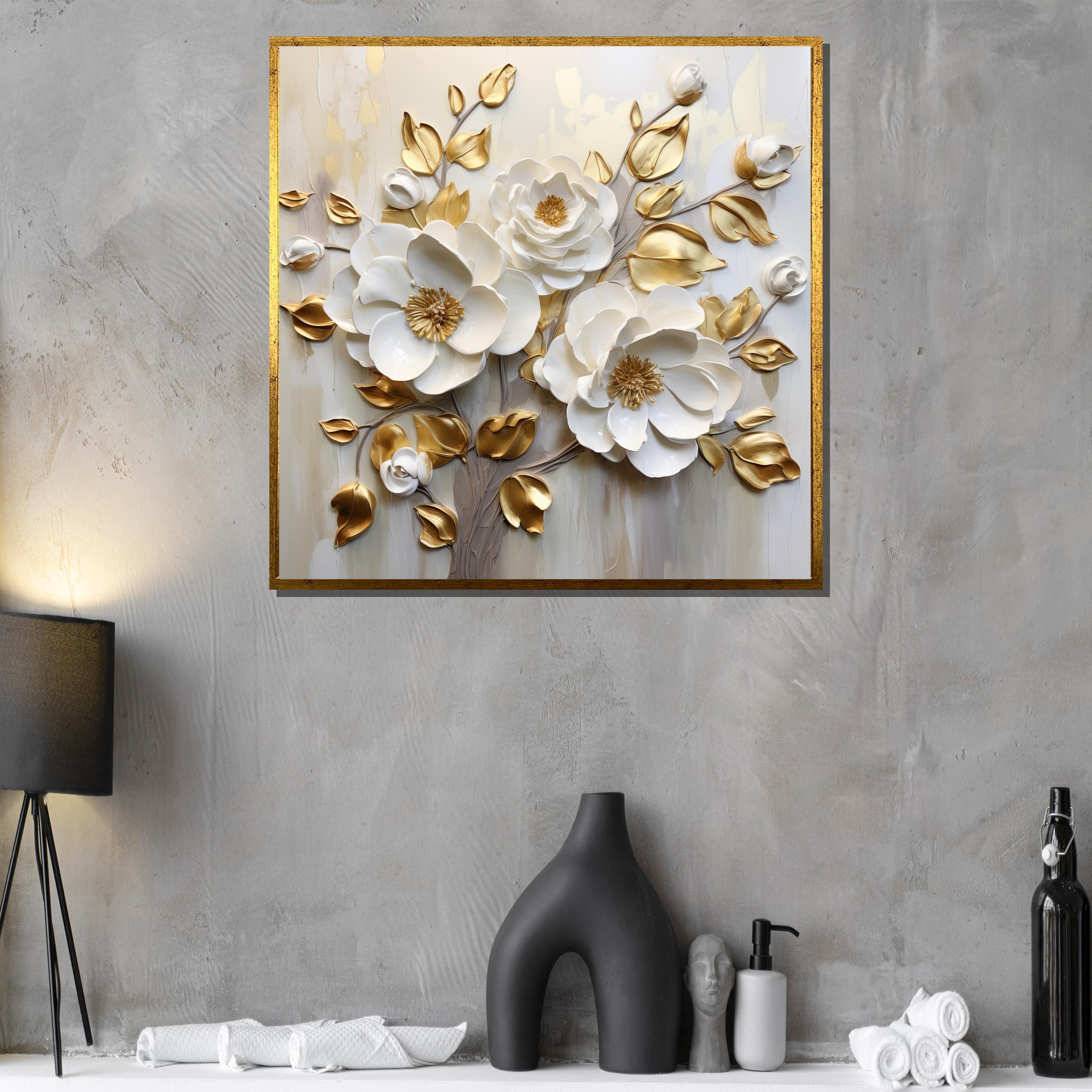 White and Gold Floral Canvas Painting – Elegant Flower Art for Luxury ...