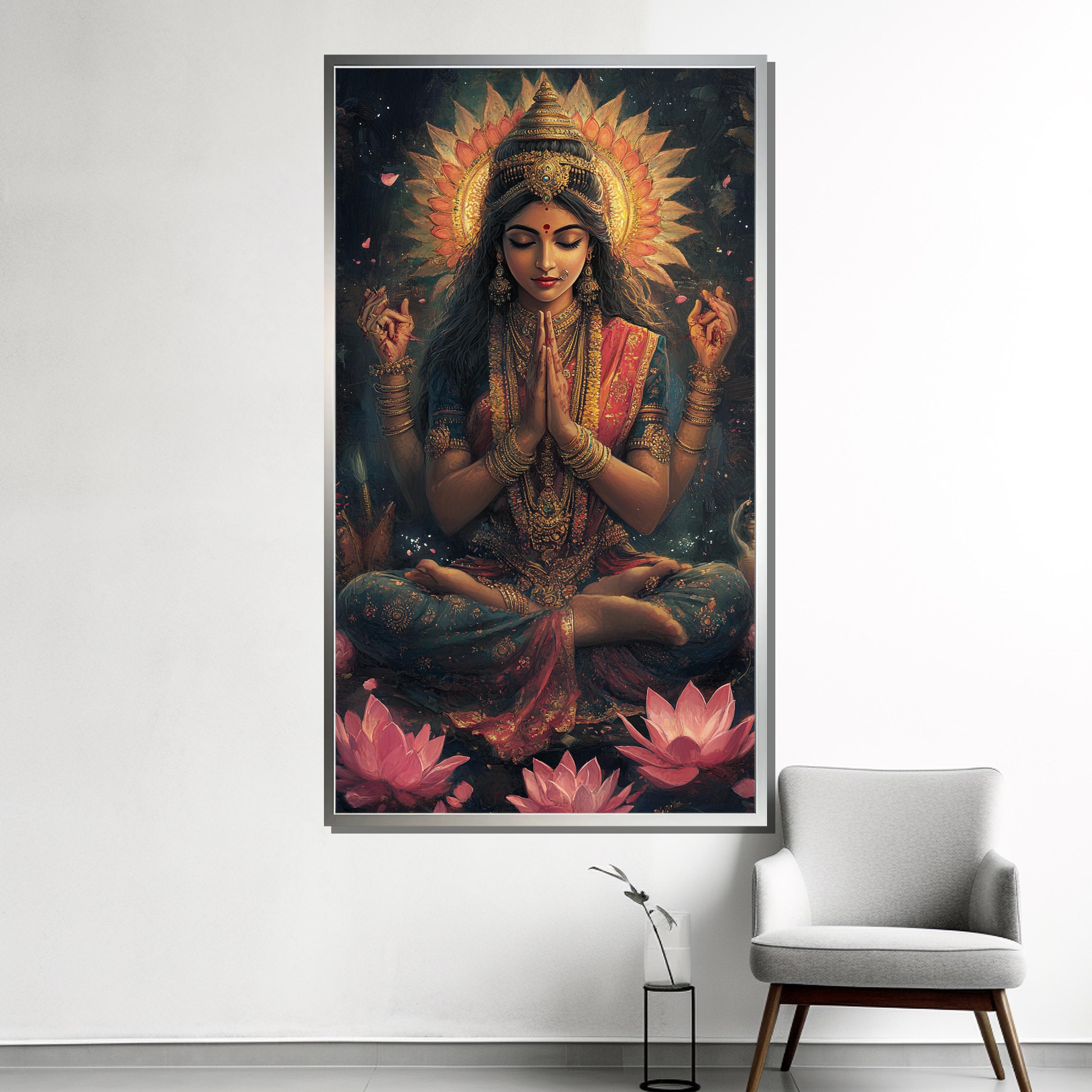 ヒンドゥー教の女神ラクシュミのキャンバス画、スピリチュアルな壁