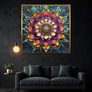 Op de afbeelding: Een kleurrijke mandala met ingewikkelde details in tinten roze, paars, geel, blauw en groen. De mandala wordt omringd door een donkerblauwe achtergrond met gouden accenten.