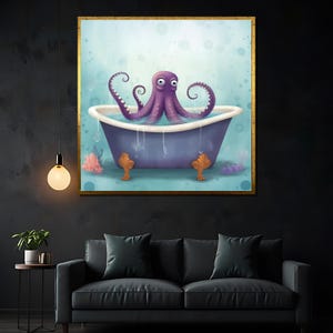 Pintura en lienzo de pulpo caprichoso en la bañera: regalo de arte de pared con temática oceánica lindo y divertido, perfecto para la decoración de la habitación o el baño de los niños