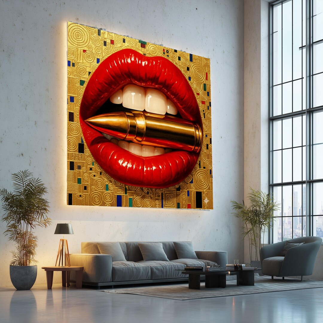 Bold Red Lips With Gold Bullet Canvas Wall Art, Modern Pop Art Decor ...