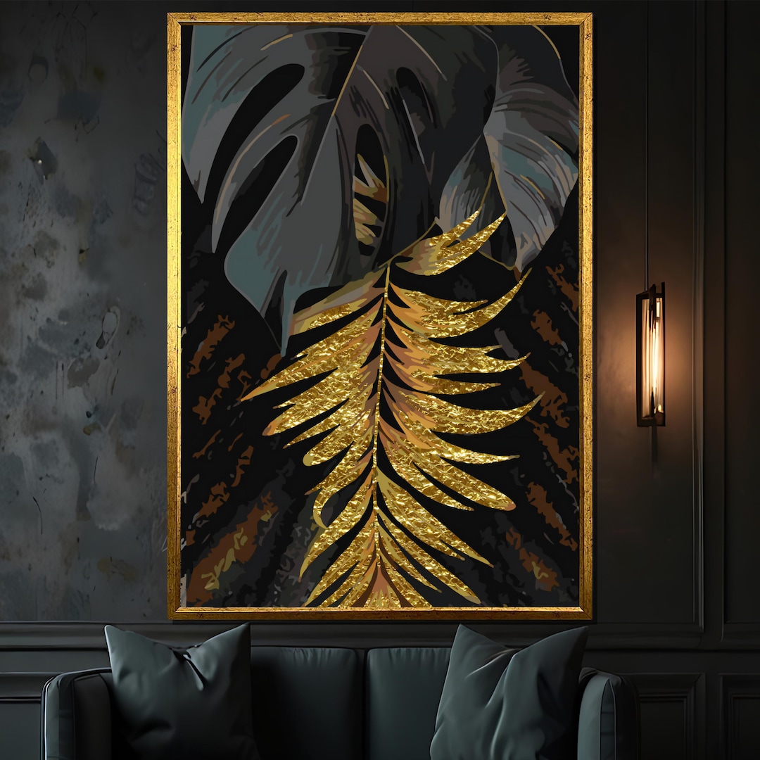 Black and Gold Tropical Leaf Canvas Painting – Elegant Botanical Wall ...