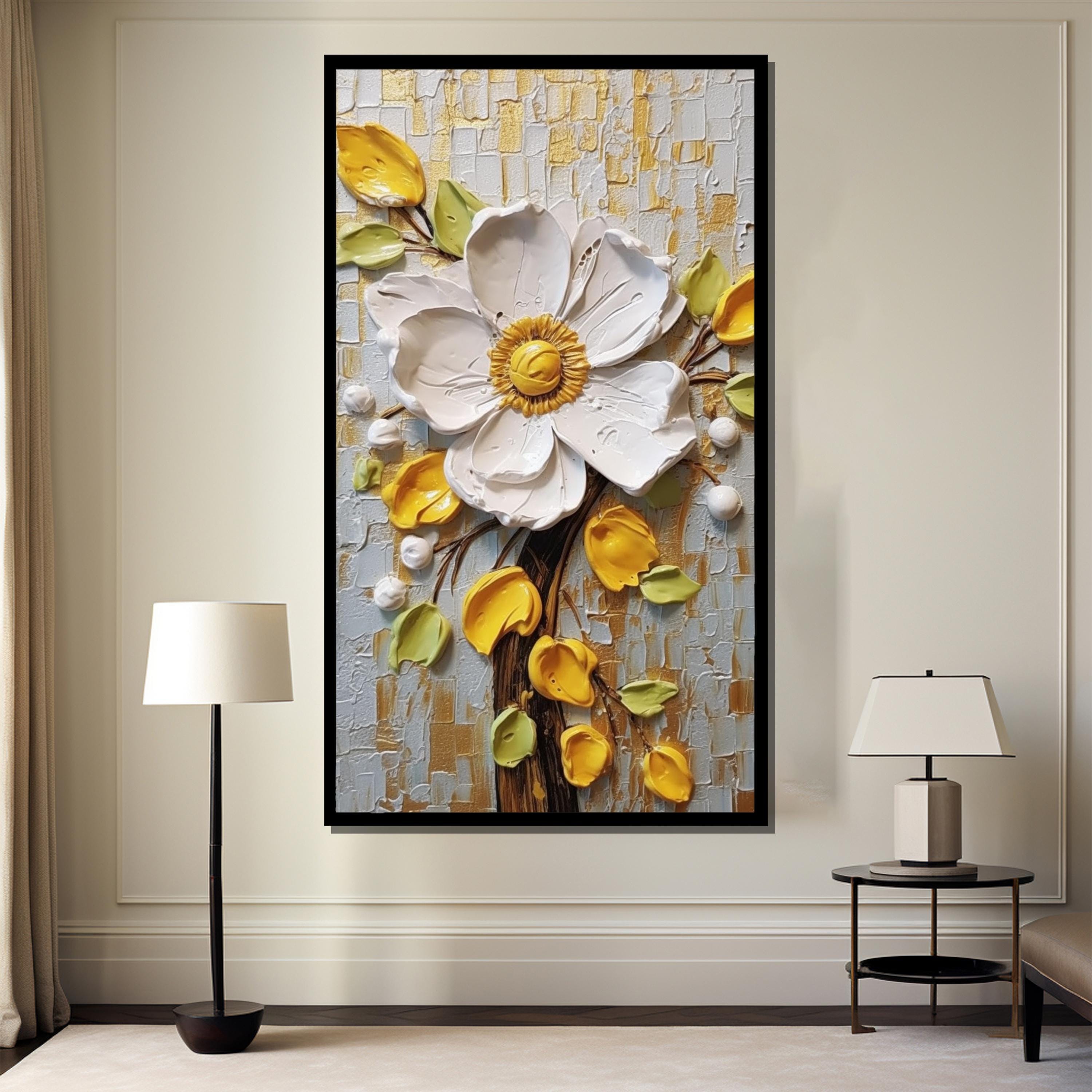 花の絵掛軸 ベージュ 金色装飾 白と黄色の花のキャンバス絵画 - モダンなインテリアにぴったりの