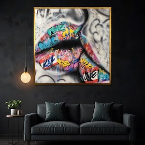 Urban Graffiti Lips - Colorful Street Art Inspired Canvas Painting, Perfect Gift for Art Lovers, Home Decor, or Graffiti Enthusiasts