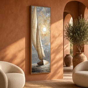May include: A vertical rectangular wall art piece featuring an oil painting of a sailboat with beige sails on dark water. The background displays a textured sky in shades of gray, white, and gold with a bright circular sun centered above the boat.