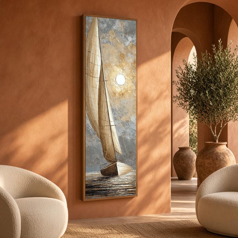 May include: A vertical rectangular wall art piece featuring an oil painting of a sailboat with beige sails on dark water. The background displays a textured sky in shades of gray, white, and gold with a bright circular sun centered above the boat.