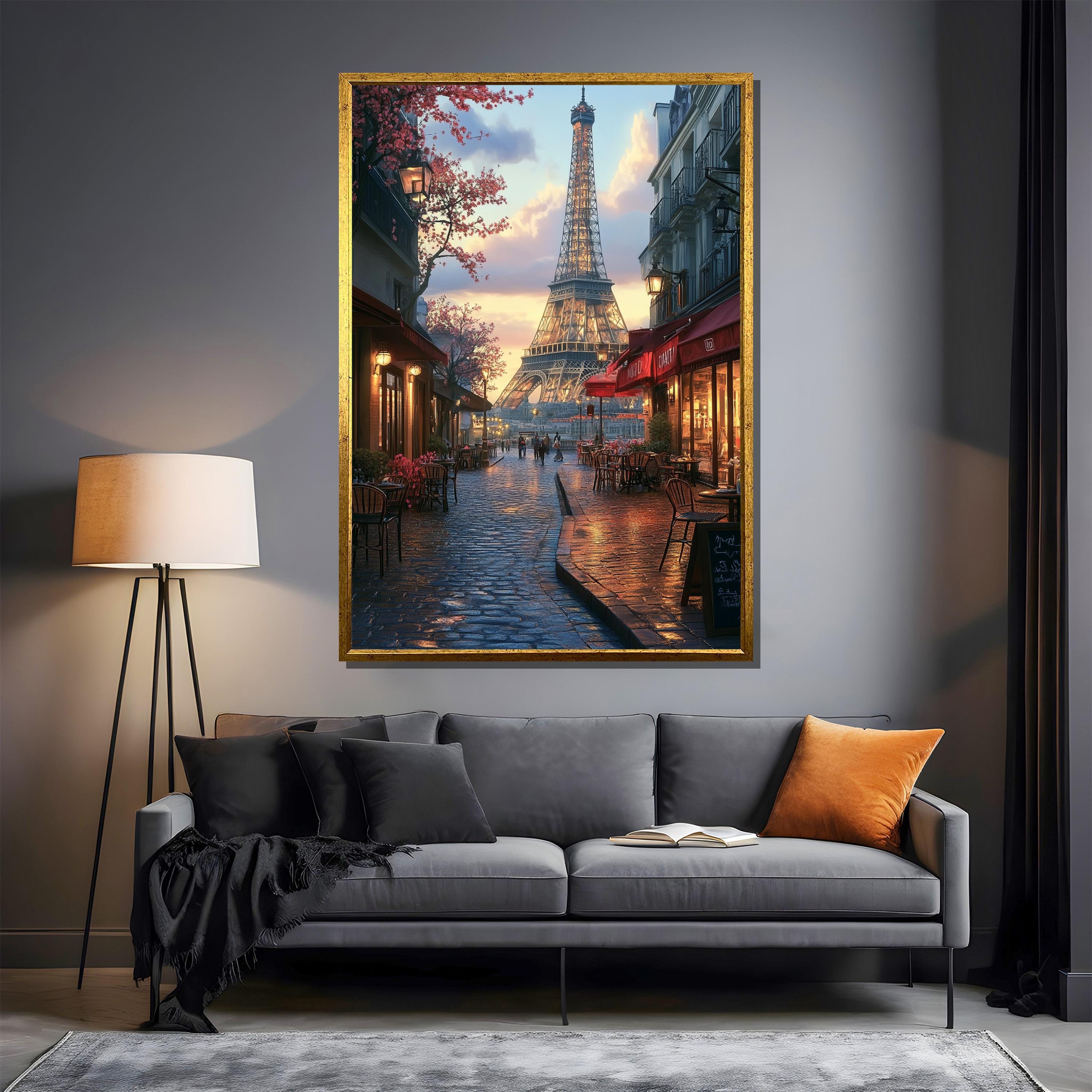 エッフェル塔 カフェの風景画 40x60cm ロマンチックなパリの街並みを描いたキャンバス絵画 - エッフェル塔の
