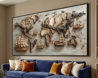 May include: A large, framed wooden world map with raised relief, showing detailed continents and miniature ship models. The map is in shades of brown and beige, with a black frame. The ships are intricately carved, adding a nautical theme to the artwork.