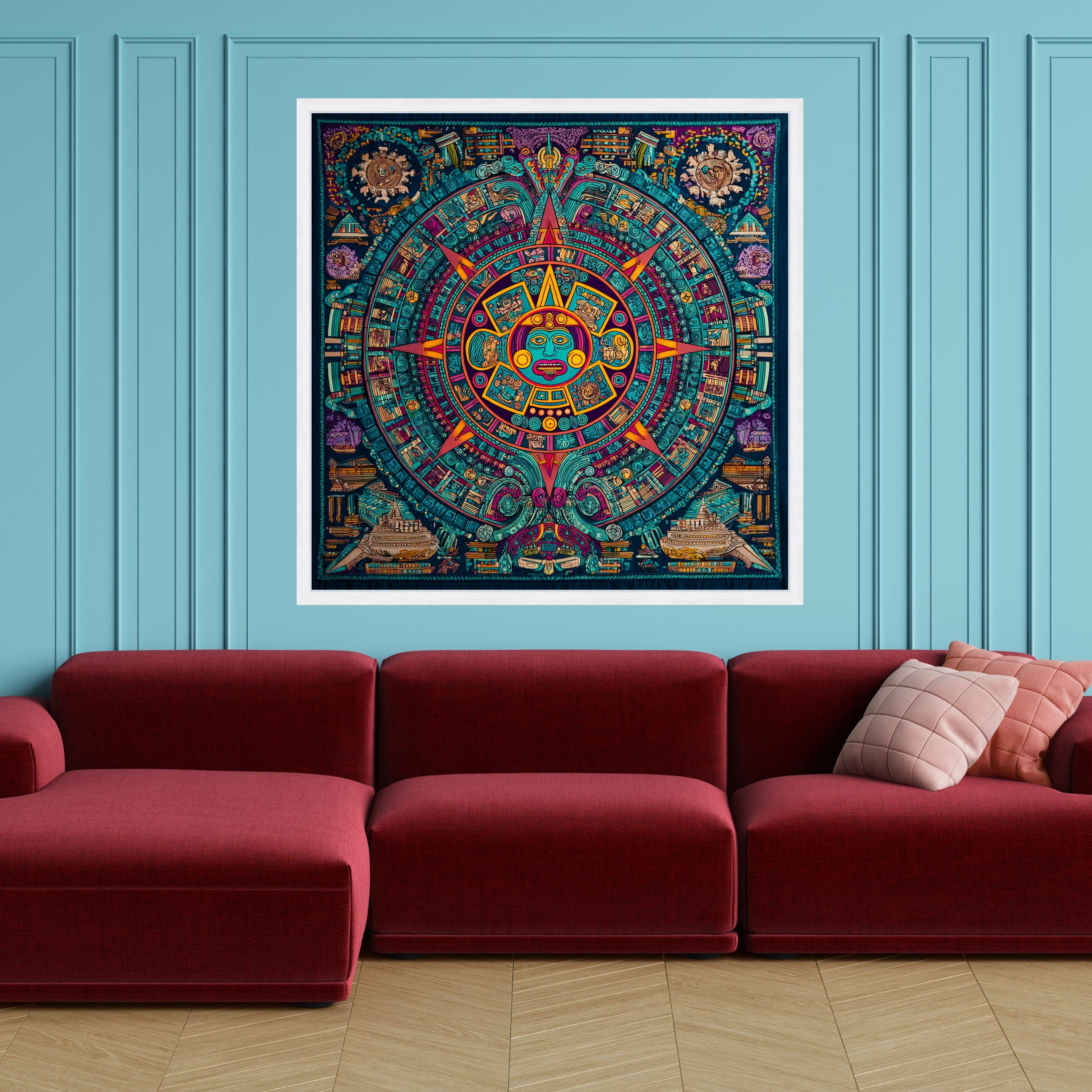 Vibrant Aztec Calendar Canvas, Mayan Sun Stone Wall Art, Colorful ...