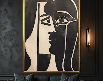 抽象的な白黒の顔のキャンバス絵画 - ピカソにインスパイアされた