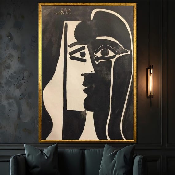 抽象的な白黒の顔のキャンバス絵画 - ピカソにインスパイアされた