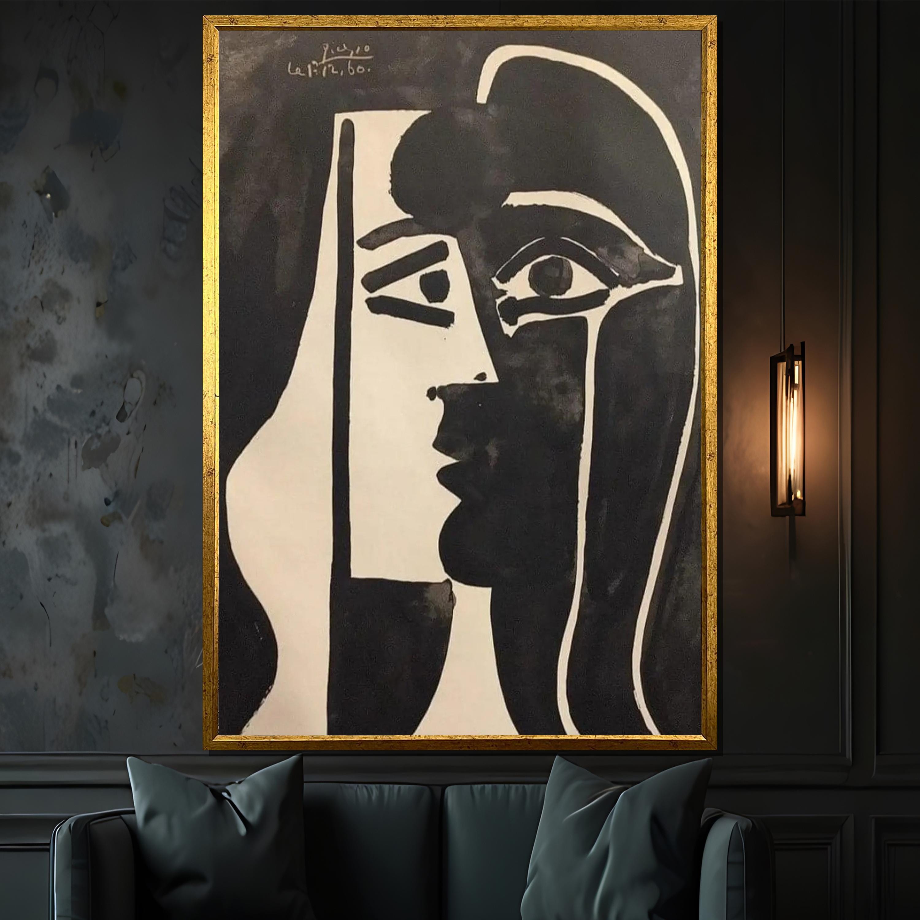 抽象的な白黒の顔のキャンバス絵画 - ピカソにインスパイアされた