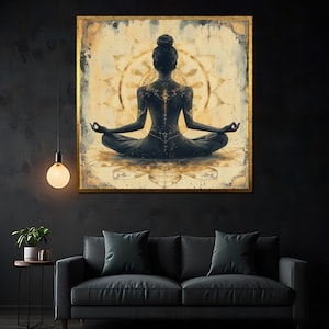 Golden Mandala Meditation Canvas Painting, Silhouette in Lotus Pose, Spiritual Wall Art for Yoga and Zen Decor Gift