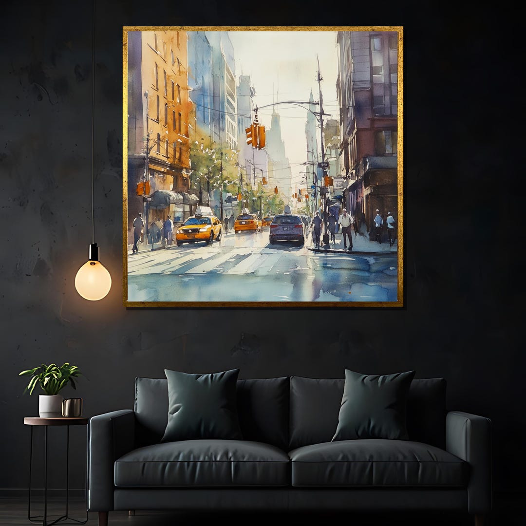 New York City Street Canvas Painting - Vibrant Watercolor Urban Scene ...