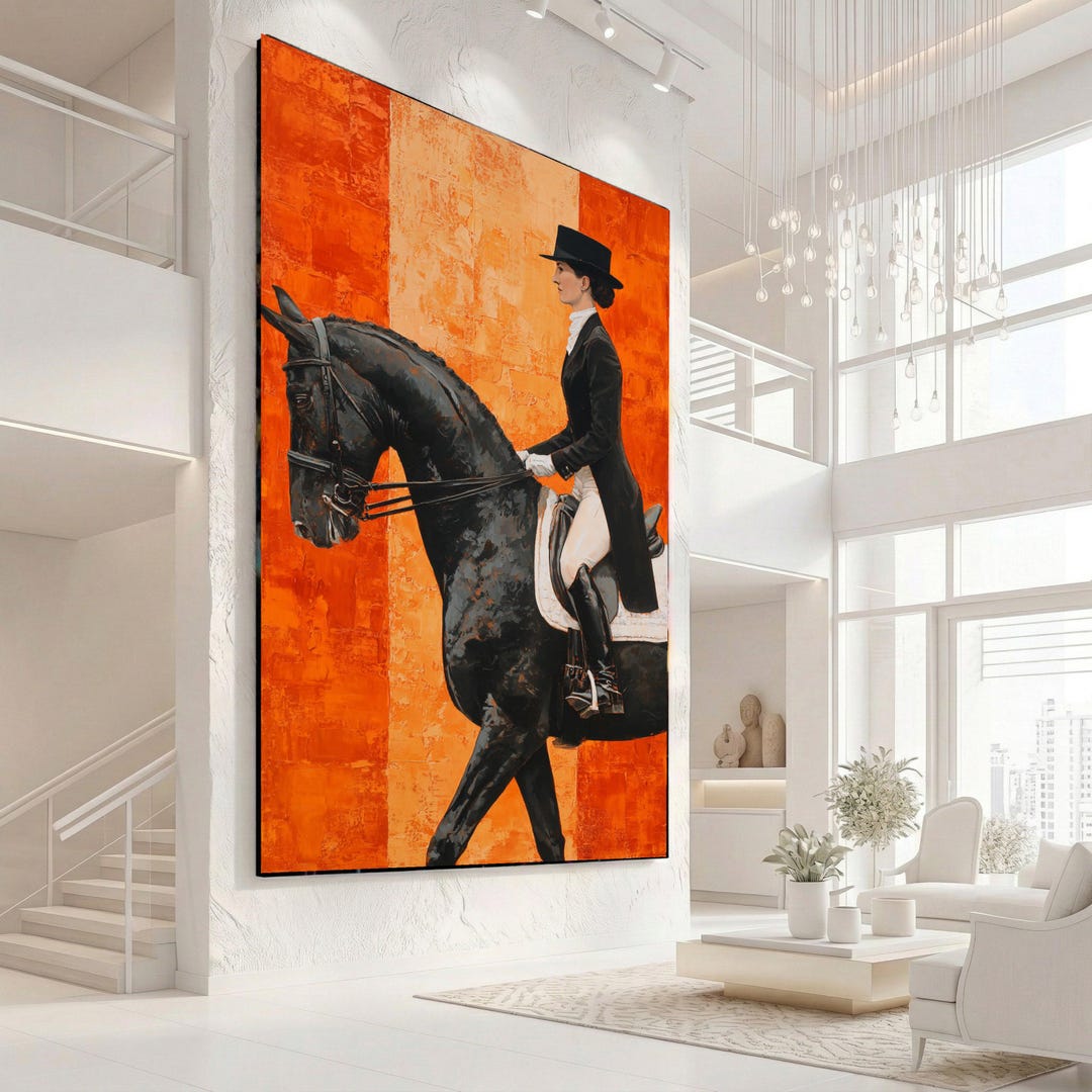 Elegant Equestrian Lady on Black Horse Canvas Wall Art, Riding Portrait ...