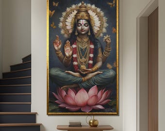 Lakshmi Canvas Painting, Hindu Goddess Art, Divine Spiritual Wall Decor, Indian Mythology Artwork, Sacred Lotus Gift