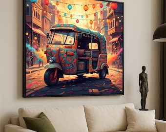 May include: A framed art print depicts a colorful auto rickshaw in a festive street scene. The vehicle is adorned with intricate floral patterns in shades of red, blue, and orange. Overhead, strings of lanterns illuminate the vibrant cityscape, creating a lively atmosphere.