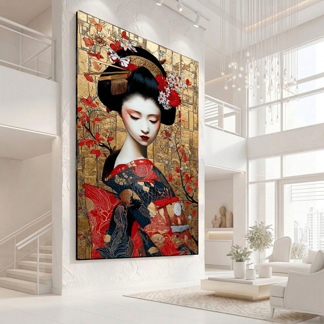 Elegant Japanese Geisha Canvas Wall Art, Traditional Kimono Portrait ...
